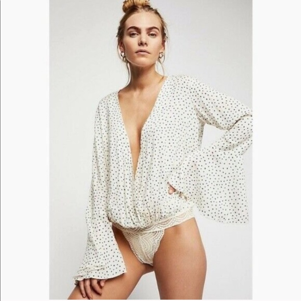 Free People Ivory Polka Dot Long Sleeve V-Neck Bodysuit